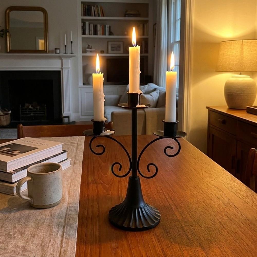Vintage Three Headed Candlestick Holders Iron Candle Stand Ornament Rolled Flower Candelabra Hotel