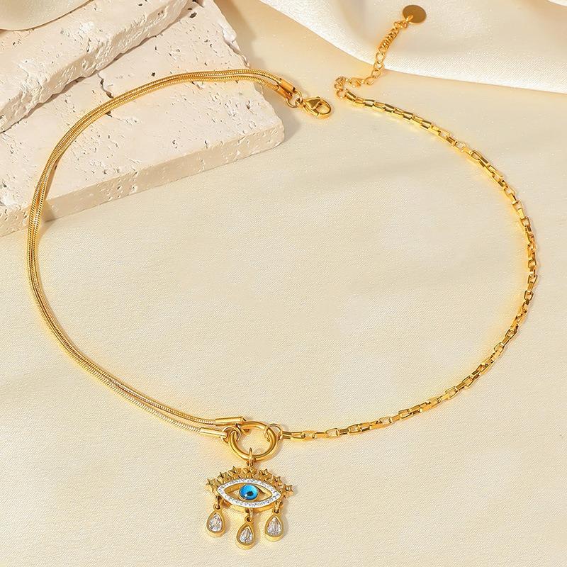 Gold Plated Stainless Steel Evil Eye Pendant Necklace With Teardrop CZ Charms For Women золотой