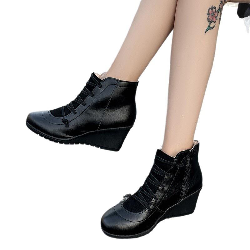 Herbst und Winter neue hochhackige Keilabsatz Übergröße Rundkopfstiefel Damen Koreanische Version Seitenreißverschluss modische Außenhandel Damenstiefel