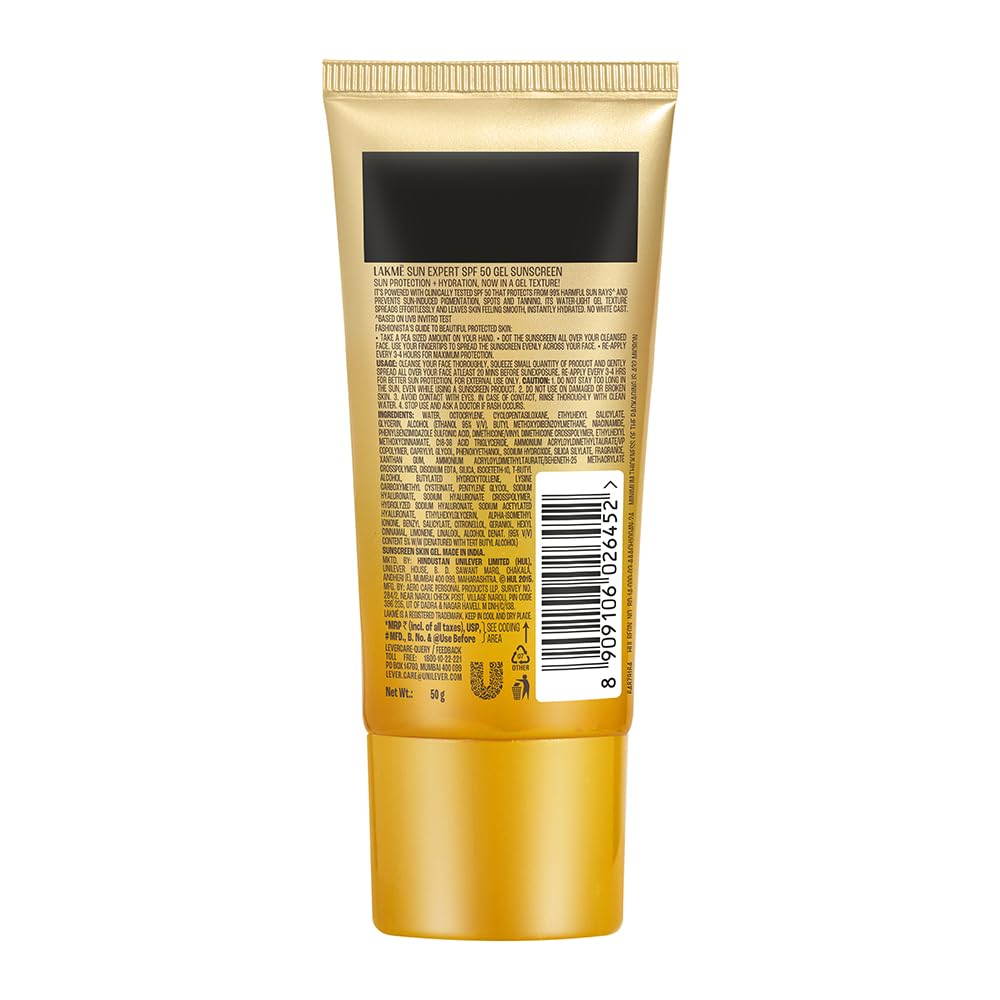 LAKMÉ Sun Expert SPF 50 PA+++ Gel Sunscreen, Niacinamide | Water-Light|For Oily & Combination Skin| Non-sticky | For All Skin Types, For UVA/B Pr
