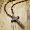 Religious Wood Beads Necklace Wood Crucifix Pendant Chain Handmade Rosary Necklace  Church