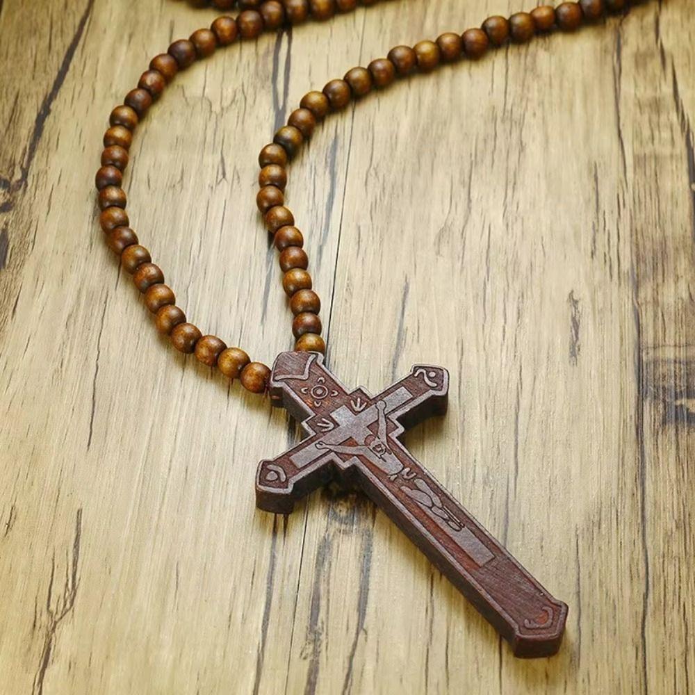 Religious Wood Beads Necklace Wood Crucifix Pendant Chain Handmade Rosary Necklace  Church