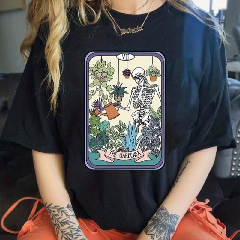 Tricou cu imprimeu cu schelet și plante la modă pentru femei