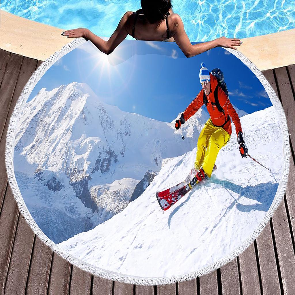 Ski Round Beach Towel, Extreme Sports Theme Beach Blanket Comfortable Absorbent Quick Dry Snow Mountain Print Towel Picnic Mat