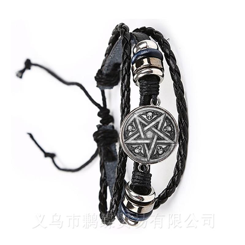 Bracciale Pentagramma di Baphomet Satanico Bangle in Pelle Nera/Marrone Gotico Satanismo Male Occulto Pentacolo Gioiello Amuleto Pagano Regalo