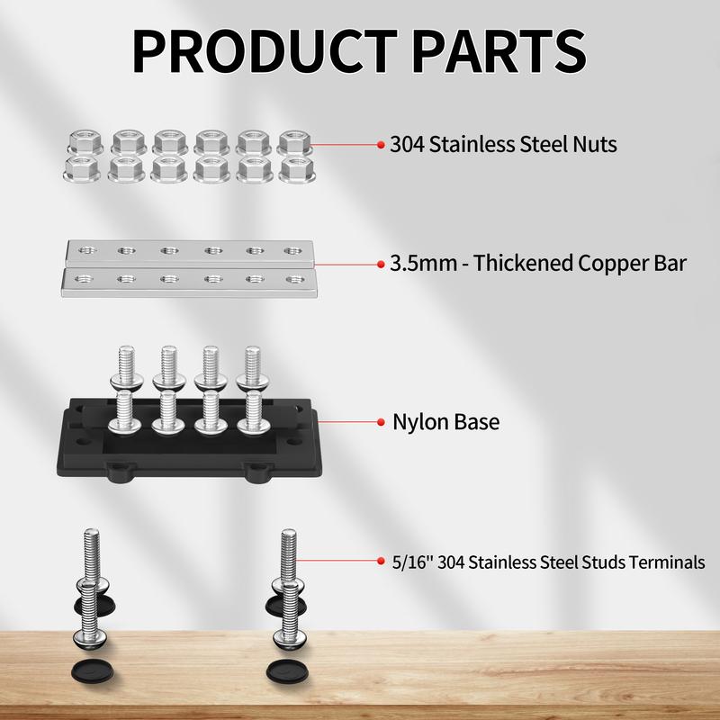 250A Dual Bus Bar 12V Dual Row Bus Bar Power Distribution Block 12 x 5/16" Terminal Studs Positive and Negative Battery Bus Bar