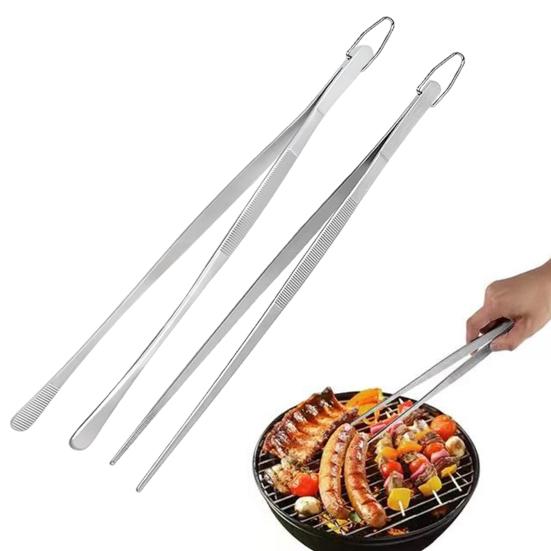 2Pcs Kitchen Cooking Tongs 12 Inch Food Clamp Stainless Steel Fine Tweezers with Serrated Tips for Chef Grill BBQ Pasta Salad
