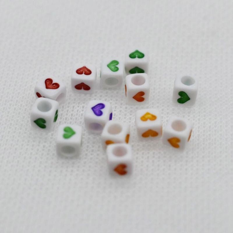 DIY Jewelry Making 50pcs Colorful Heart Printed Loose Beads Necklaces Bracelet Beads with Big Hole Square Beads