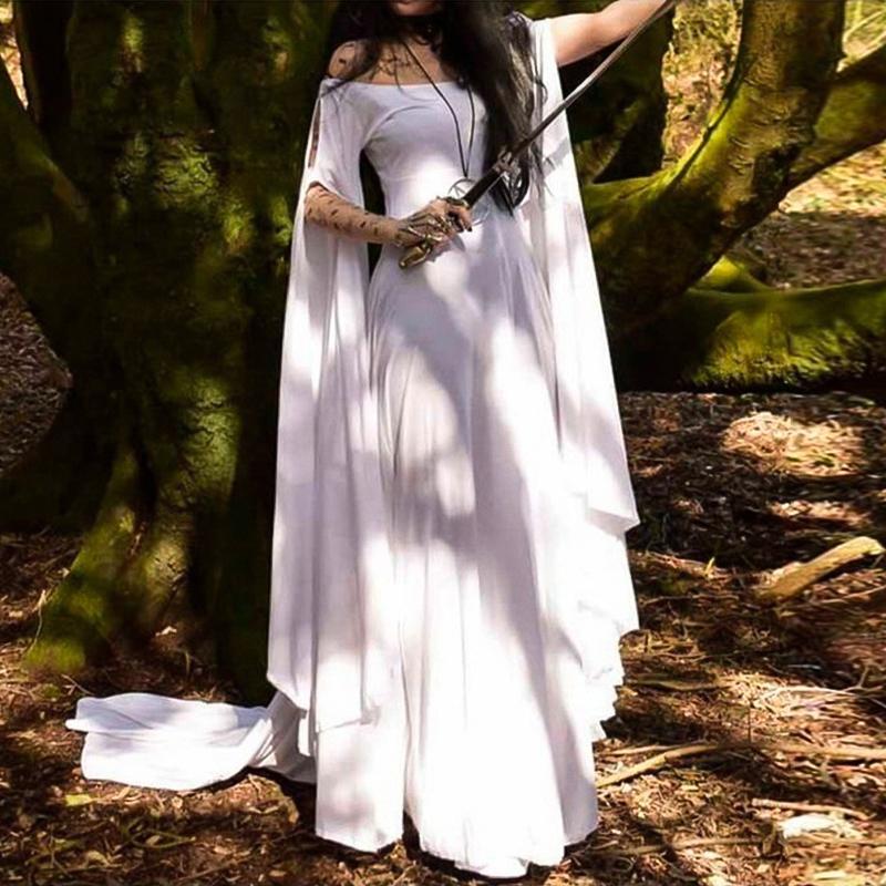Abito lungo medievale monospalla svolazzante, maniche a mantello in chiffon da elfa donna, Halloween, ballo, abbigliamento retrò