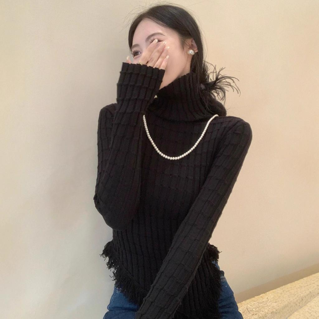 Irregular Tassel Turtleneck Knitted Sweater Women's Winter Temperament Slim and Thin Long-sleeved Sweater with Base