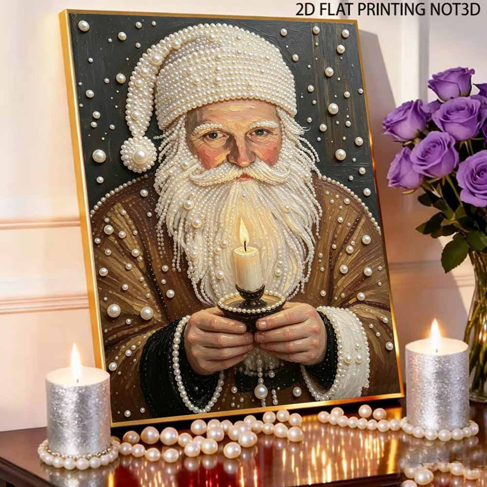 Santa Claus Holding Candle Pearl Bead Painting Kit with Frame Shiny Canvas Art Creative Craft Home Decoration Gift DIY Crafting Wall Decor