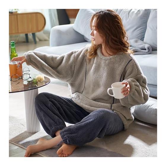 [OUBINEWER] Paired Pajamas, Winter, Matched Look, Pajamas, Women's, Men's, Fluffy Room Wear, Women's Fluffy Loungewear, Fleece Lining, Long Sleeves,