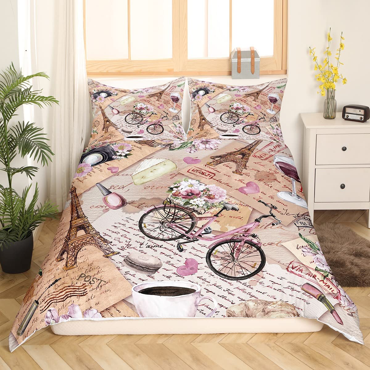 

Pink Bicycle Duvet Cover for Girls Women Twin Full King Size,Roses Flower Bedding Set Bike Floral Green Leaves Comforter Cover Tool EU single(135x200cm)