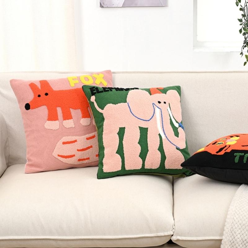 Animal Embroidered Pillow Cover Soft Polycotton Blend Decorative Cushion Cover For Home Office Decoration