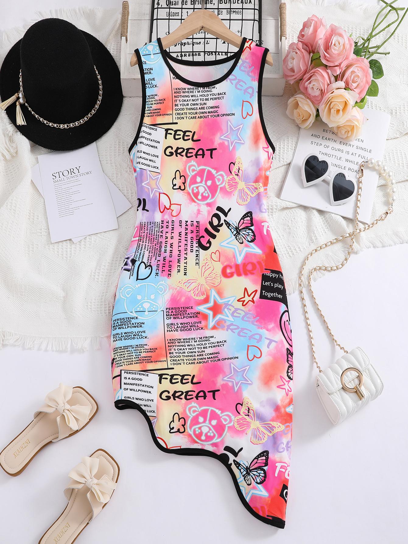 Big Girls Summer Printed Dress with Asymmetrical Hem XS фламинго розовый