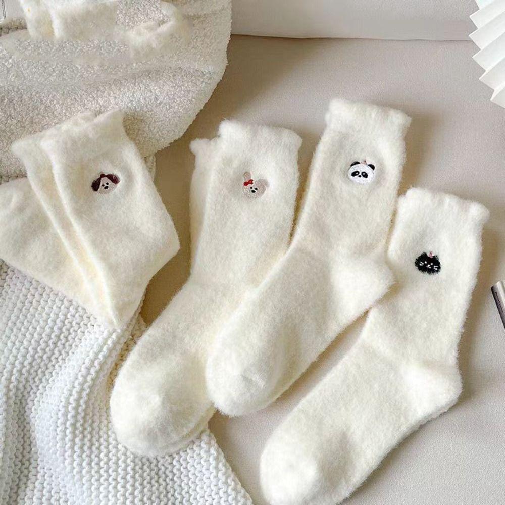 5Pairs Dog Mink Fur Socks Cartoon Winter Warm Sock Fashion Plush Floor Socks  Streetwear
