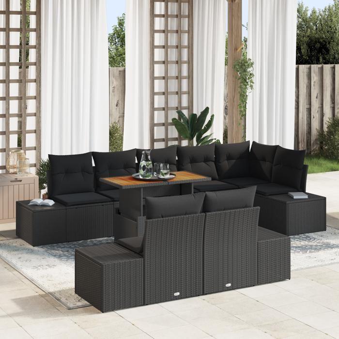 VidaXL Ensemble 9 pièces avec coussins Noir Poly Rattan Acacia 3349981