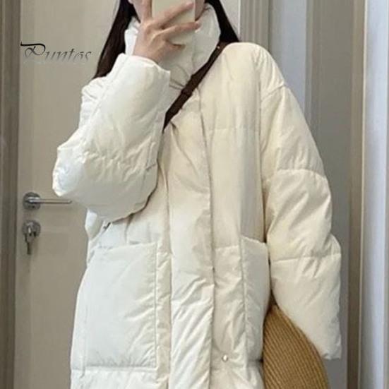 Solid Color Cotton Jacket Winter Down Coat Thickened Padded Stand Collar Neck Protection Knee Length Pockets Women Cold Weather Zipper Closure