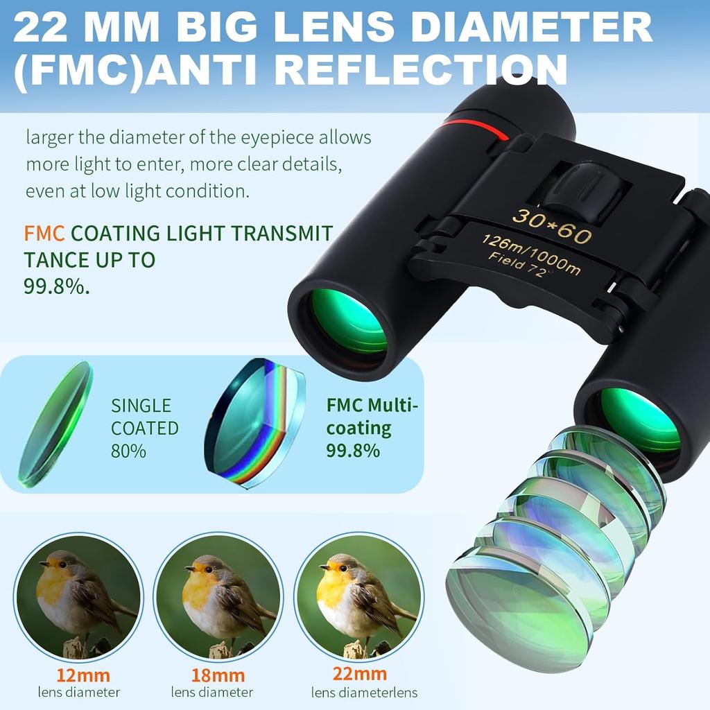 Compact 30x60 Binoculars for Adults and Kids,Foldable Lightweight Easy Focus Small Binoculars for Bird Watching Travel Sightseeing Hunting Concert