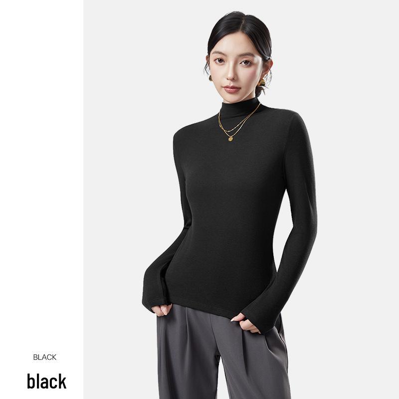 Women's Wool Semi-High Neck Long Sleeve Top - Antibacterial, Slimming, Warm, Versatile for Autumn and Winter