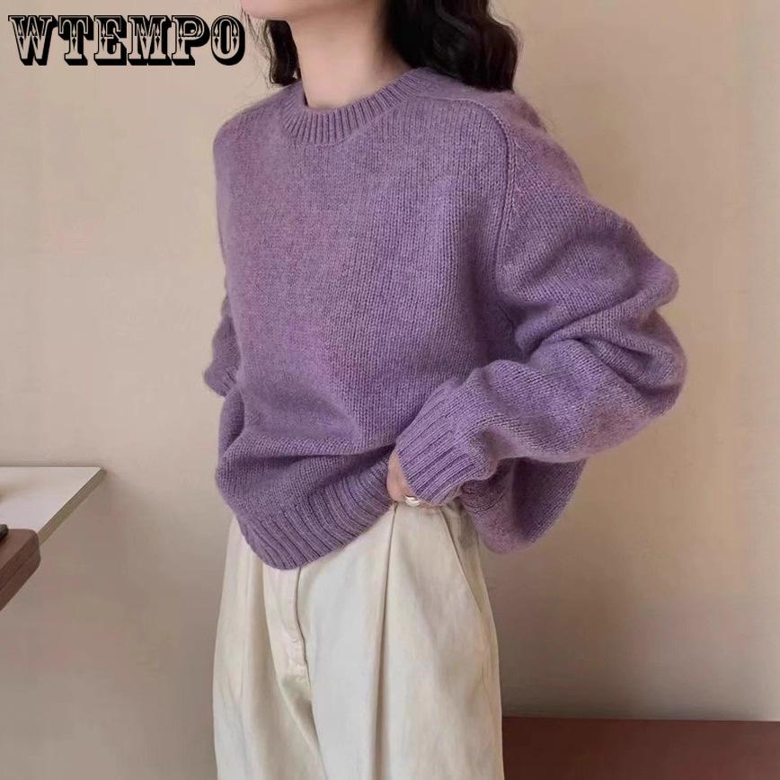 Round Neck Solid Color Pullover Sweater for Women Soft Autumn and Winter Knitted Top
