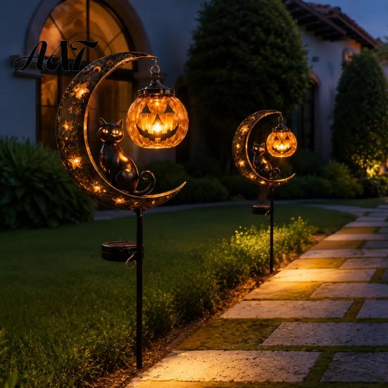 Jack-o-lantern Solar Lights Halloween Garden Stake Light, Soft Warm Jack-o-Lantern, Moon Cat Amber Silhouette Outdoor Pathway Decor, Waterproof Metal