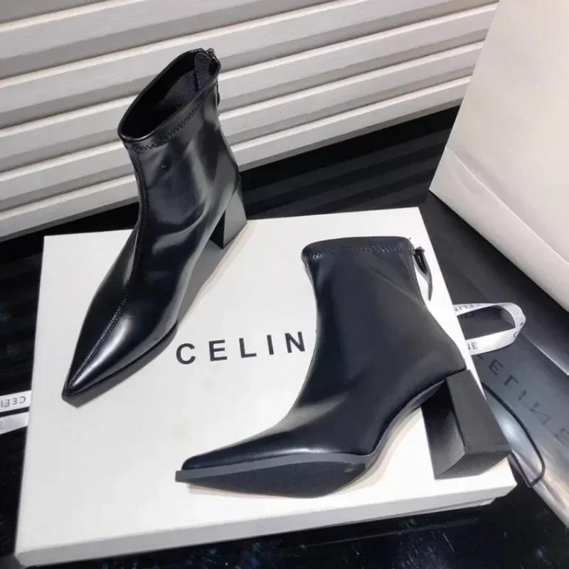 New High Heels Ladies Shoes 2025 Fashion Zipper Women's Boots Pointed Toe Solid Short Barrel Chunky Heels Boots Botas De Mujer