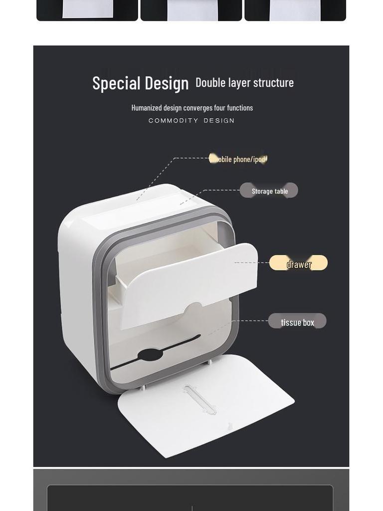 Wall-Mounted Bathroom Tissue and Phone Holder with Storage for Sanitary Supplies