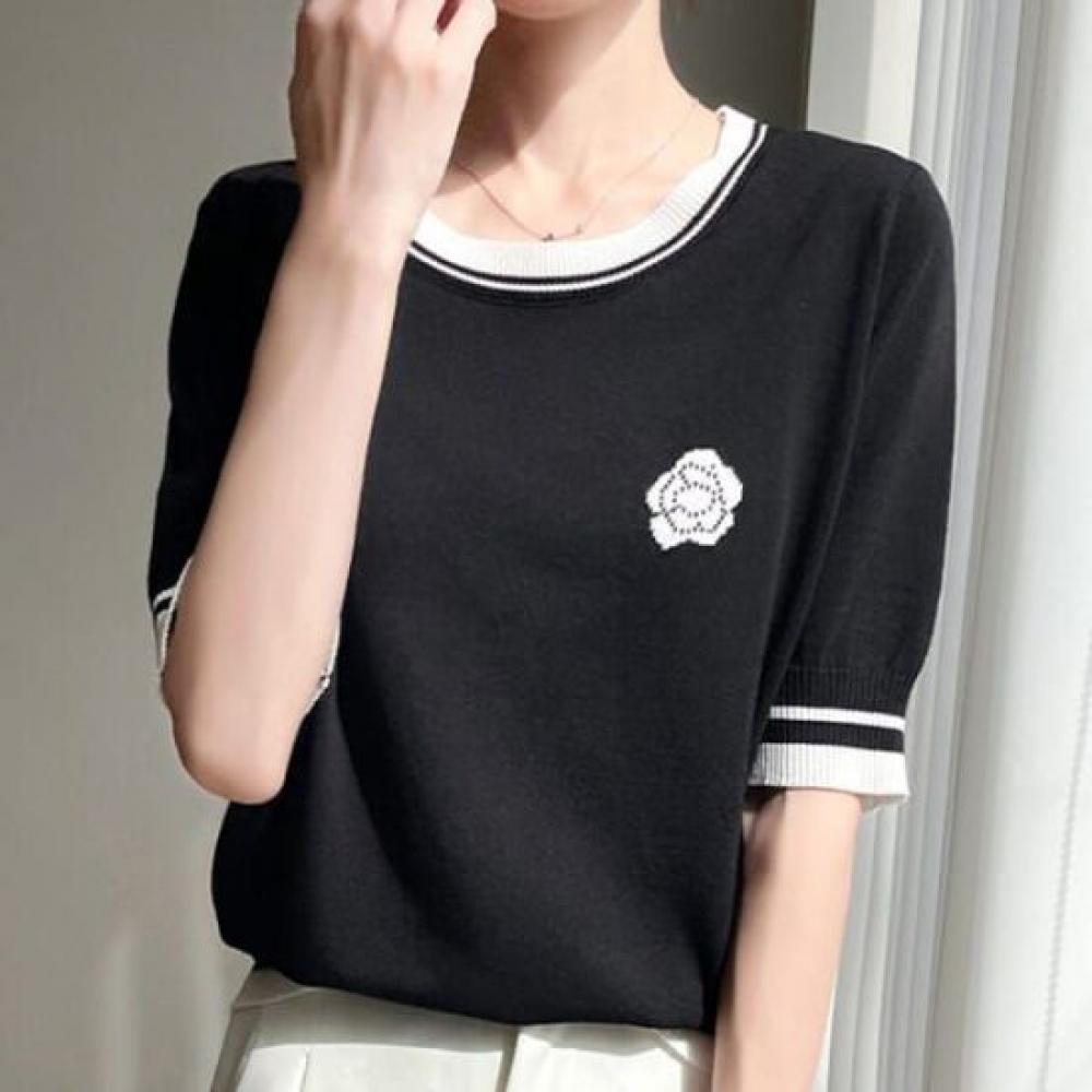 Navava Women Color Block Flower ShorT Sleeve KniT T Nk2929