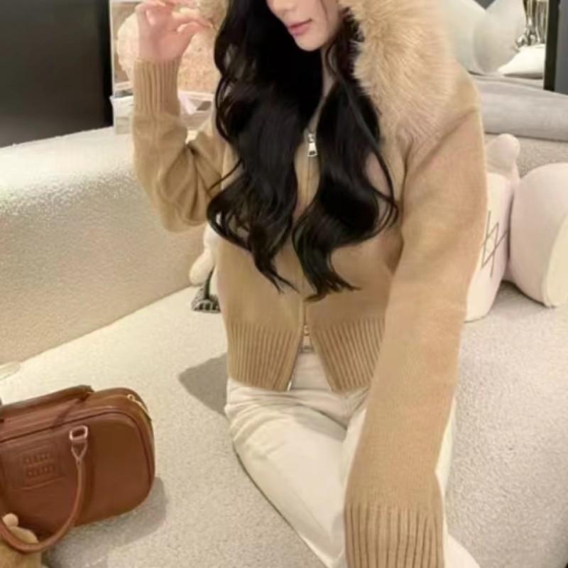 Autumn and winter new hooded short fashion knitted cardigan small imitation fox fur collar jacket women's sweater