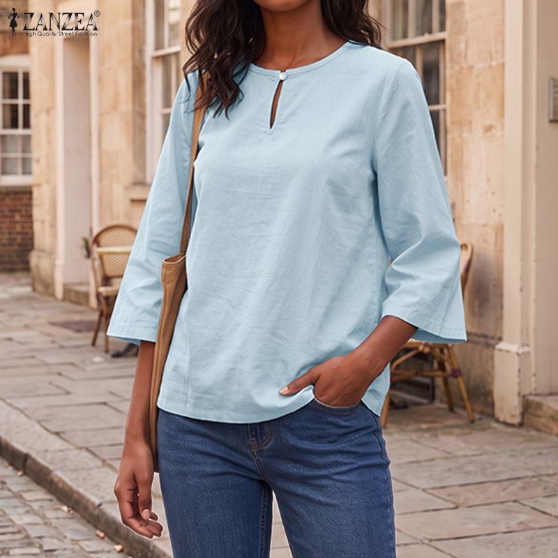 ZANZEA Blusa da donna a maniche 3/4 a girocollo in cotone ampio a tinta unita
