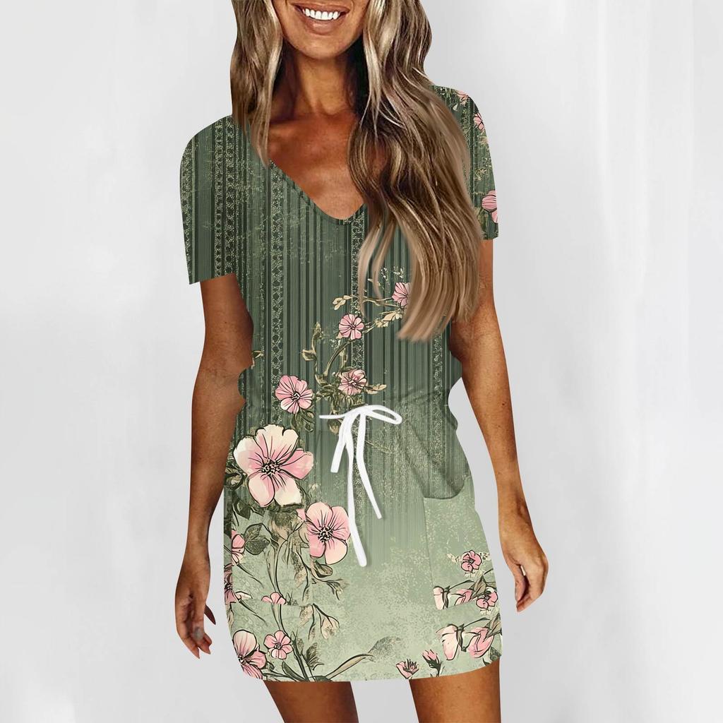 Women's Fashion Casual V-Neck Short Sleeve Drawstring Sequin Printed Dresses