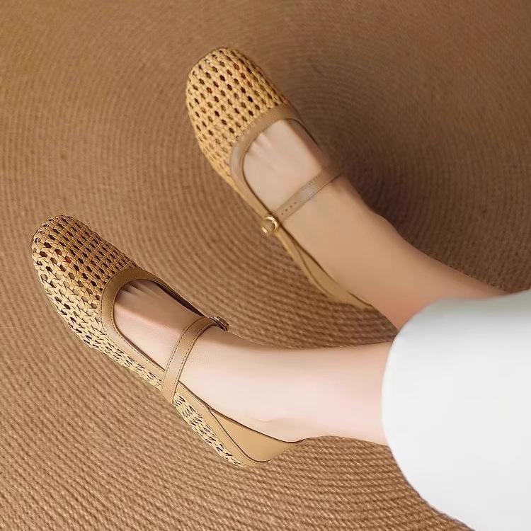 French woven hollow breathable flat-soled single shoes literary sweet hole shoes with soft leather soft-soled Mary Jane sandals