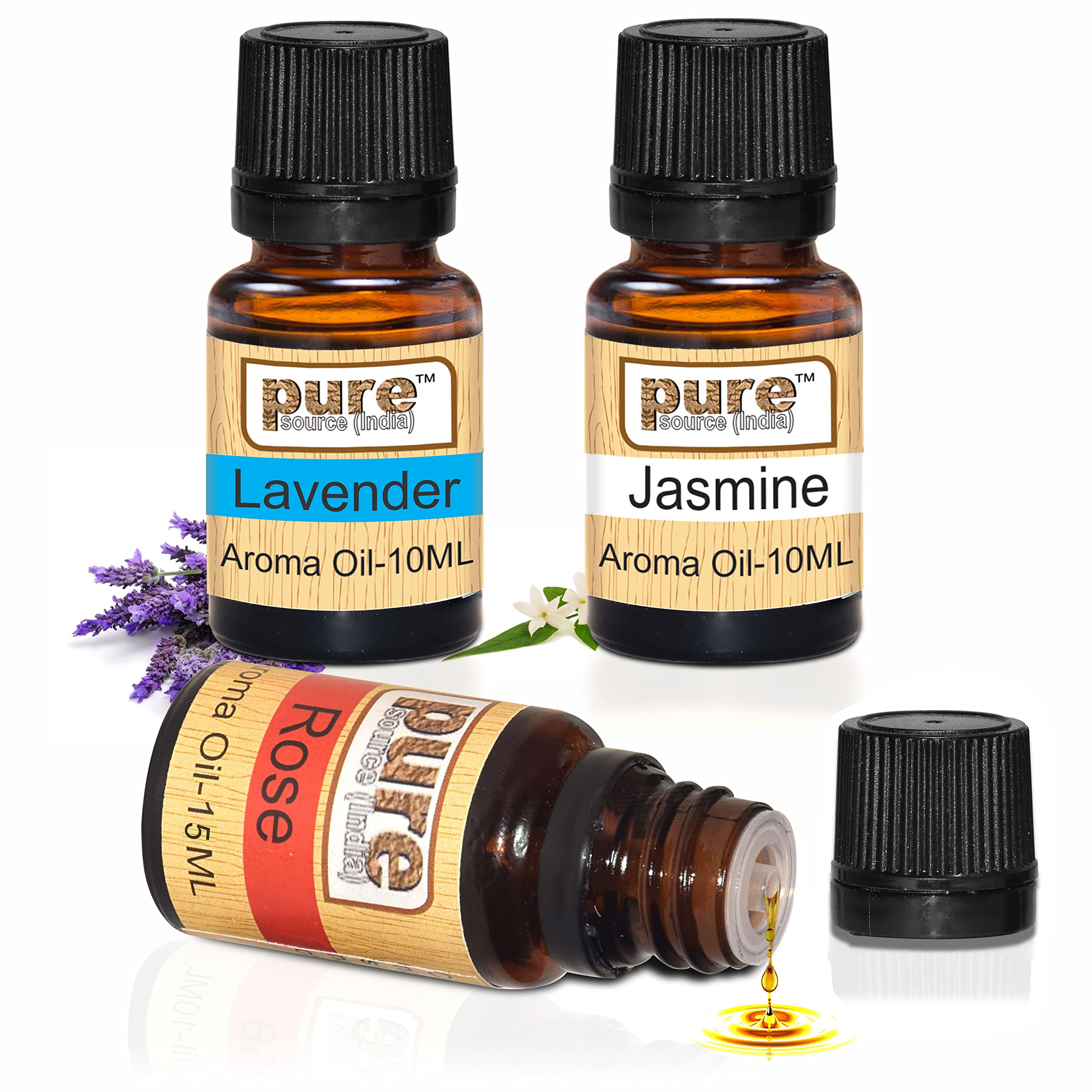 

Pure Source India Aroma Essential Oil No Chemicle, Therapic Grade (Lavender, Jasmine, Rose) 10 ML Each. (3 Oil Pack)