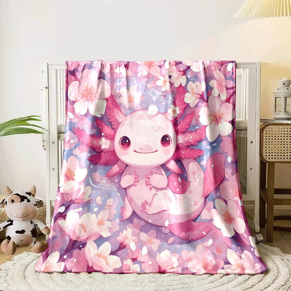 Ein niedlicher rosa Axolotl, umgeben von blühenden Kirschblüten. Decke für alle Jahreszeiten Mittagspause Überwurf Geschenk