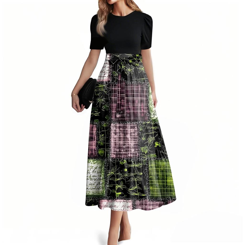 Dame Mote Casual Belte Kortermet Rund Hals Søm Elegant Temperament Kjole