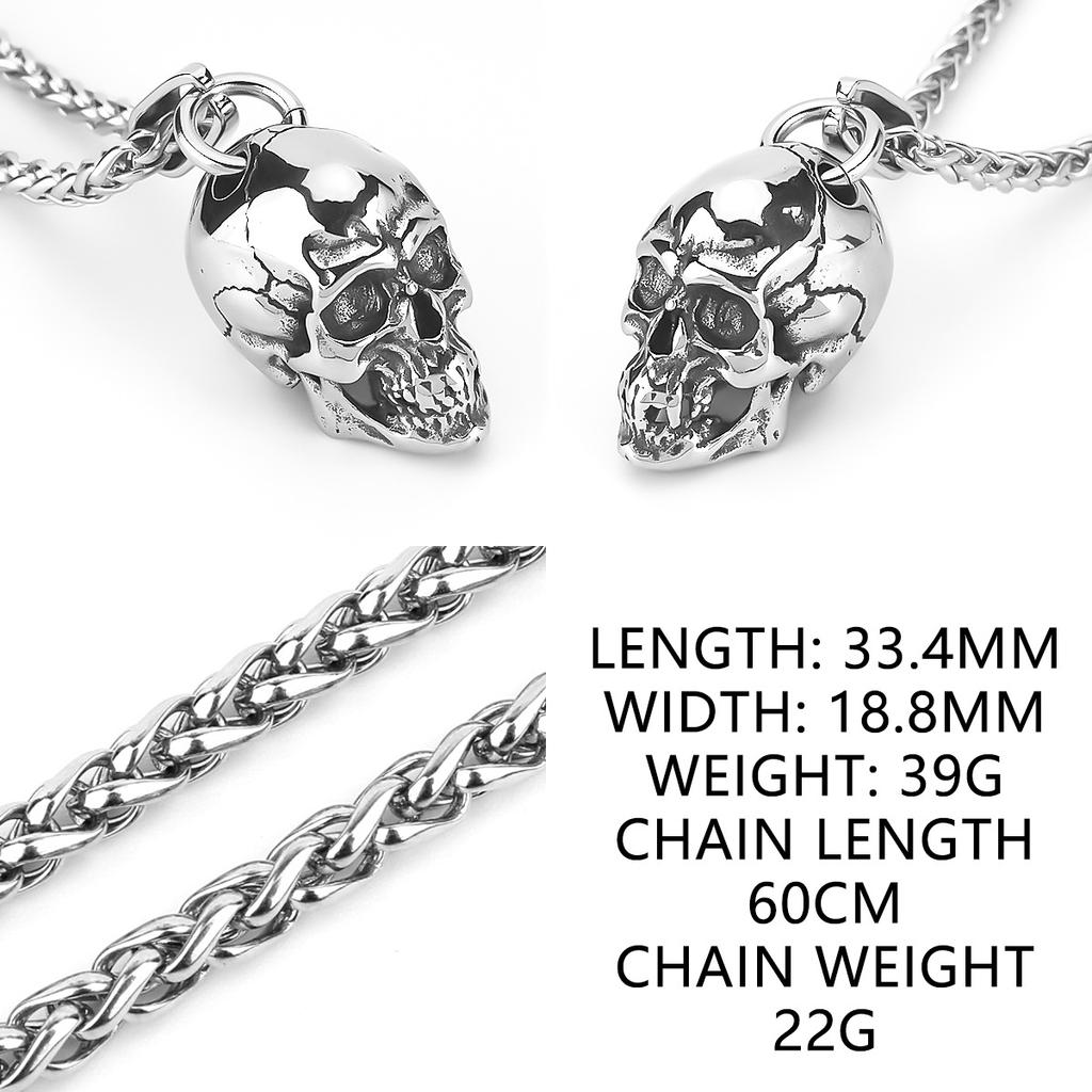 HNSP 316L Stainless Steel Solid Skull Head Pendant Chain Necklace For Men Punk Gothic Motorcycle Style Skeleton Jewelry Gift