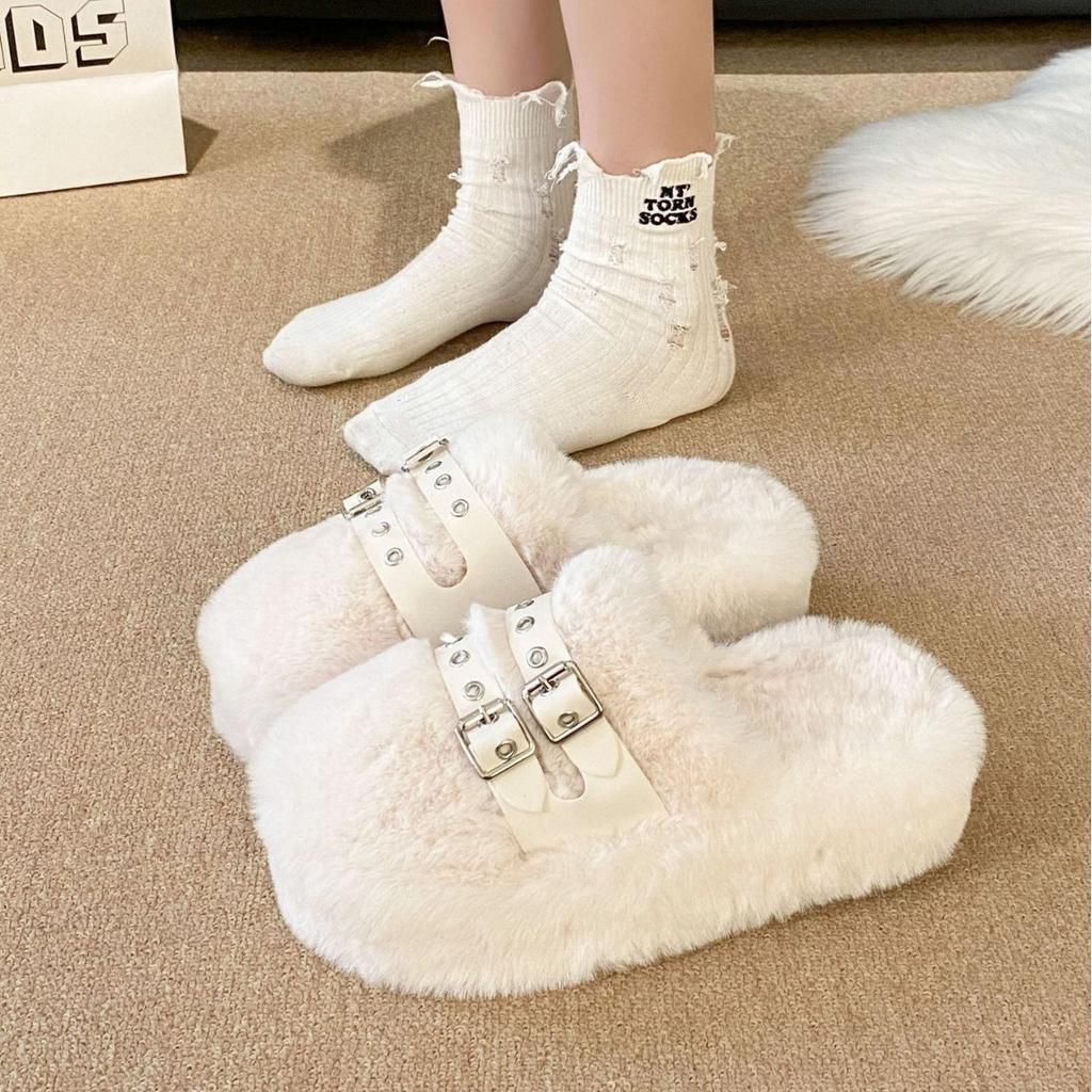 Baotou Thick-soled Fluffy Slippers Women's 2025 Autumn and Winter New Fashion Outer Wear Belt Buckle Fleece Warm Cotton Slippers