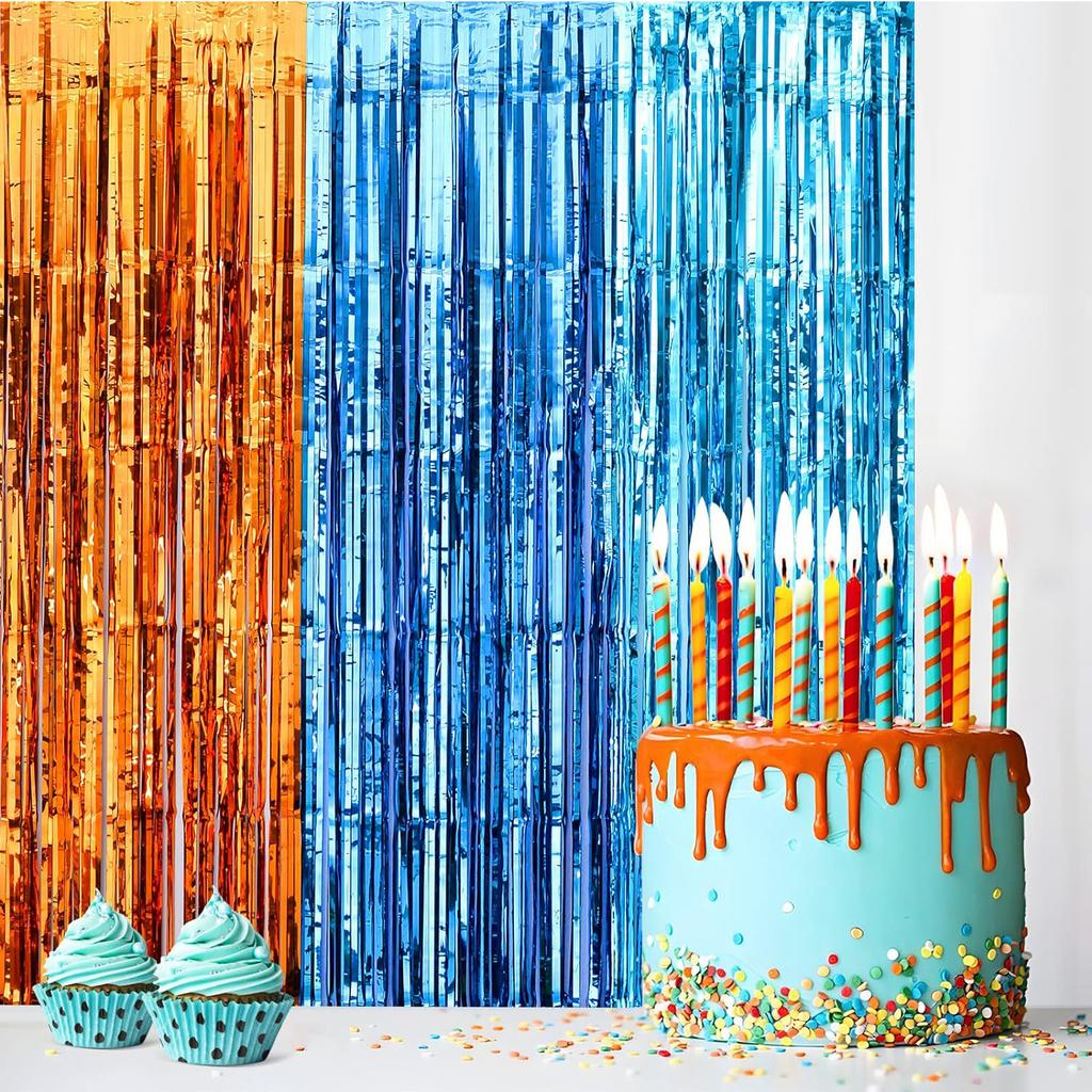 2Pack Blue Dog Foil Fringe Curtains Birthday Party Supplies 3.3x6.6ft Orange Blue Light Blue Tinsel Photo Booth Party Decoration