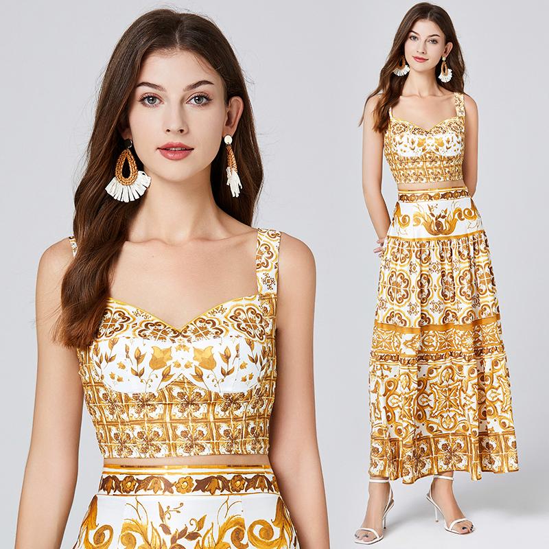 

Летние женские брендовые дизайнерские праздничные пляжные наряды с принтом, сексуальный бюстгальтер, топ и длинная юбка-миди, комплект из двух предметов S жёлтый