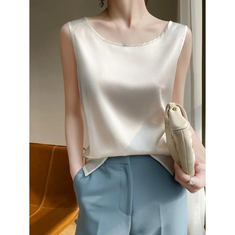 Summer Silk Camis Women's T Shirts Sleeveless Vest Satin Tank Tops Office Elegant Fashion O Neck Champagne BlouseTop Women
