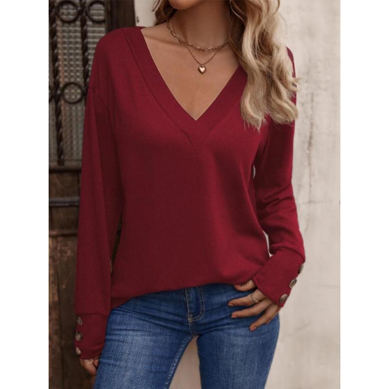 Solid Color V-neck Loose Long-sleeved T-shirt Button-down Top