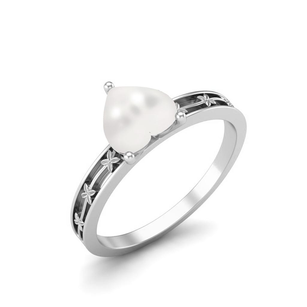 925 Sterling Silver 0.75 Cts Heart Shape Pearl Solitaire Flower Engraved Shank Wedding Women Ring