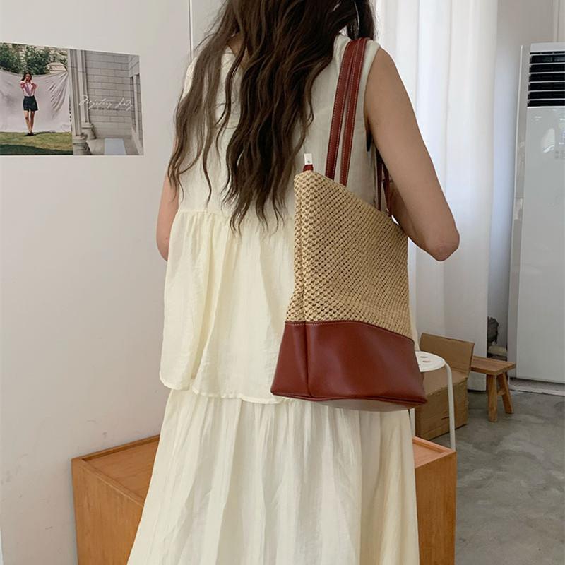 Women's woven Rattan shoulder bag top handle hollow Raffia crochet beach bag casual bags