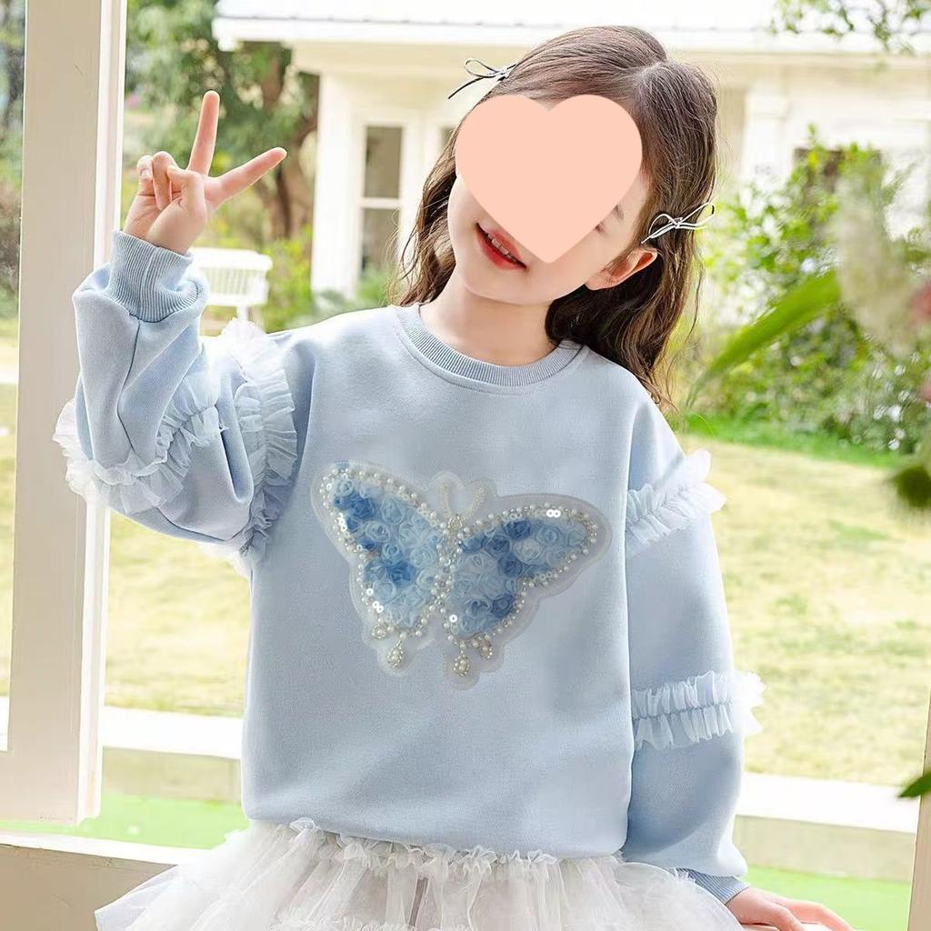 Girls Long Sleeve Sweatshirt with Glitter Butterfly and Mesh Detail for Spring Autumn