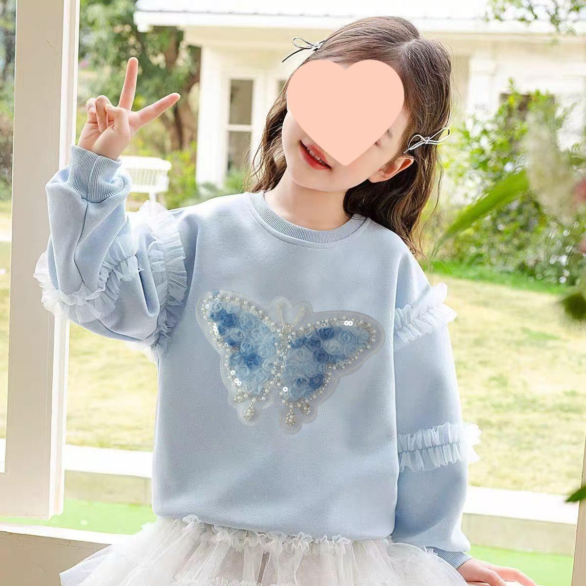 Girls Long Sleeve Sweatshirt with Glitter Butterfly and Mesh Detail for Spring Autumn 110