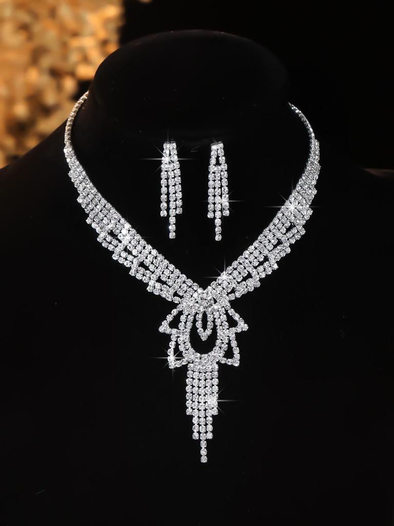 European Style Diamond-Inlaid Evening Necklace & Jewelry Set for Brides
