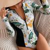 Floral Print Women Rash Guard Long Sleeve Swimwear One Piece Swimsuit Zipper Sport Bathing Suits Surfing Rashguard