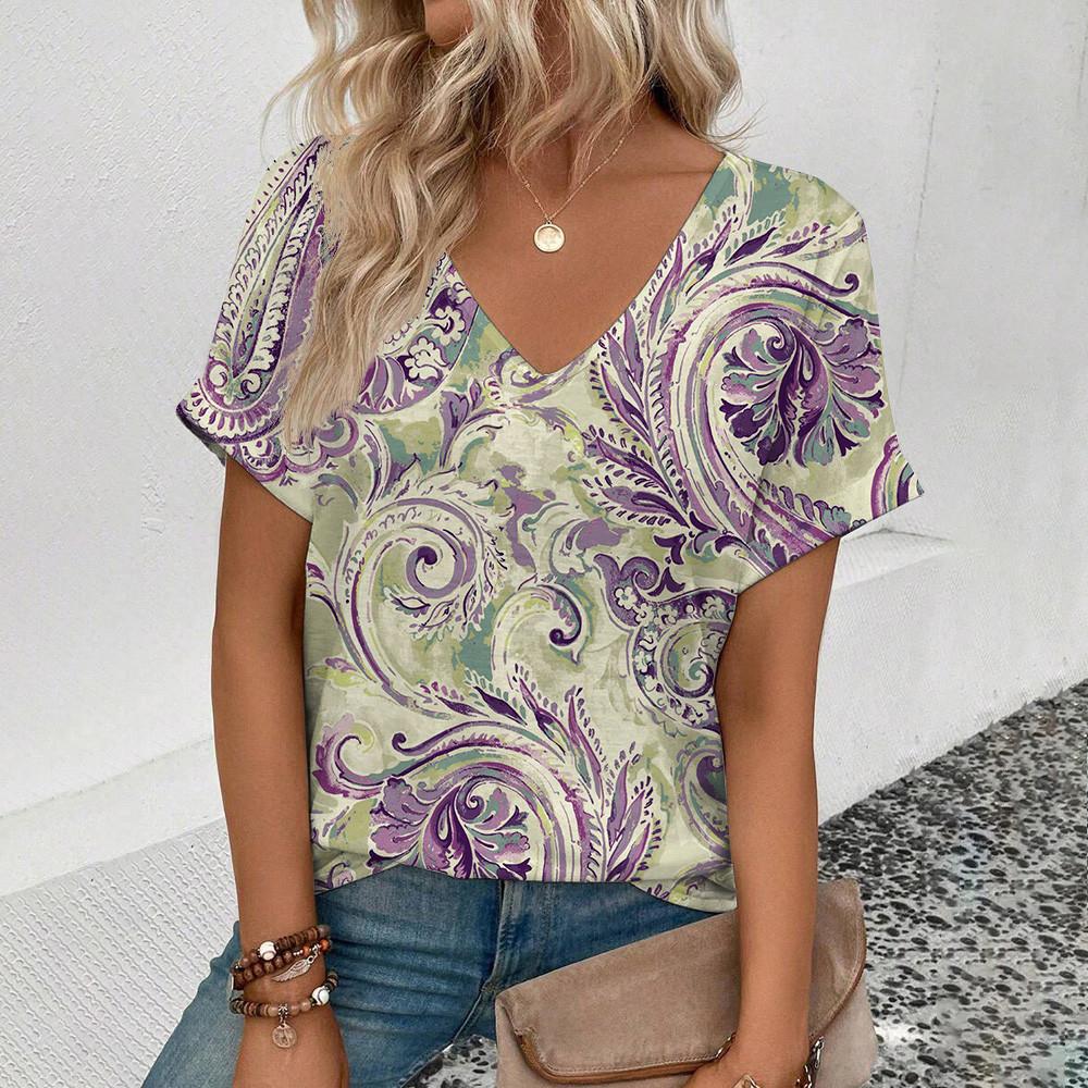2025 Elegantes und Bequemes Damenmode Kunst Blumenmuster T-Shirt Sommer Freizeit Leichtes Kurzarm-Kleidungsstück