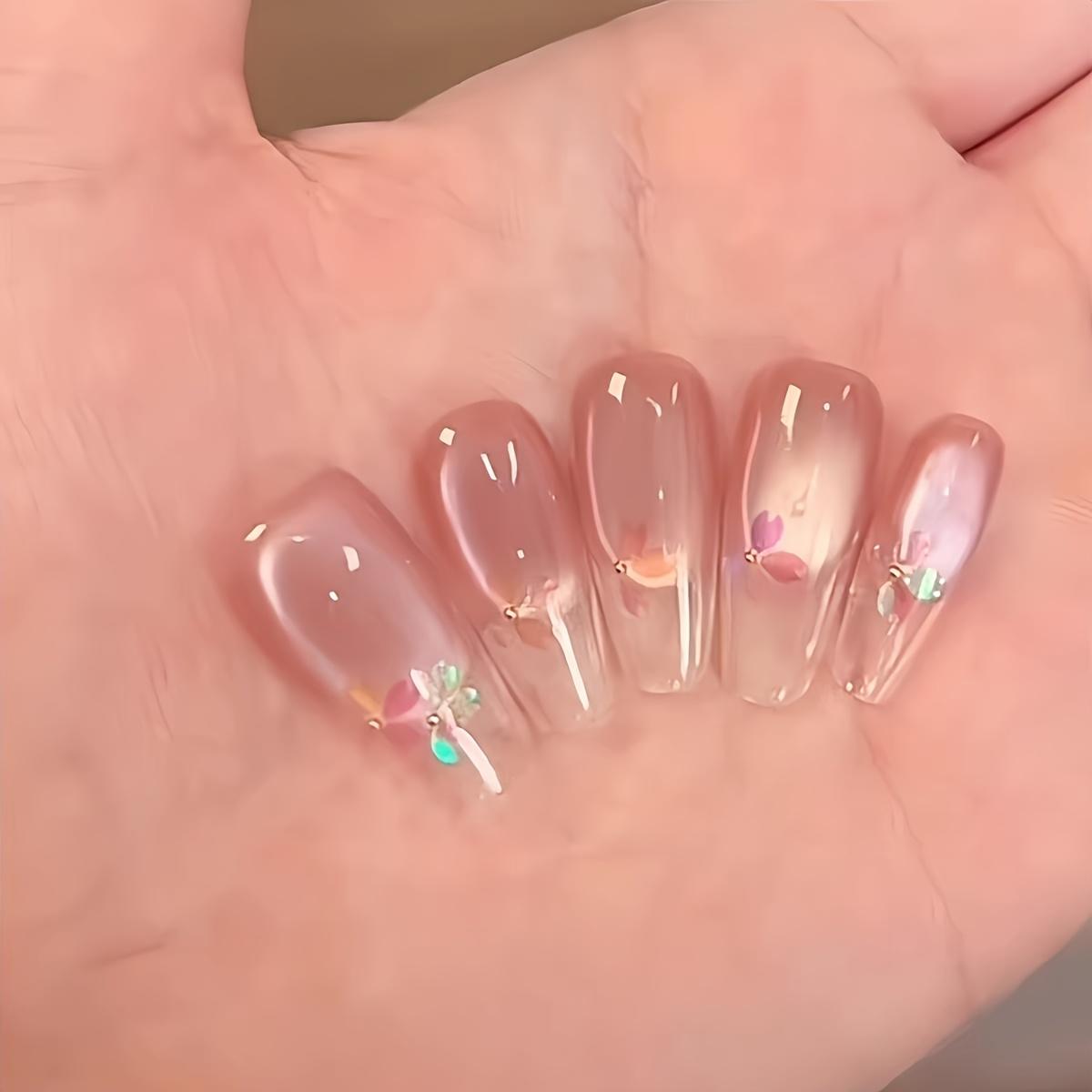 [Light Relax Handmade Nail] 10pcs Light Relax Handmade Aurora Cherry Blossom Wearable Nail Cat Eye Gradient Petal Gentle Nail Plate XS